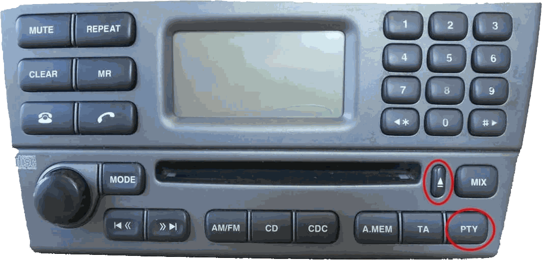 A standard Jaguar head unit with the Eject and PTY buttons circled at the bottom right of the fascia